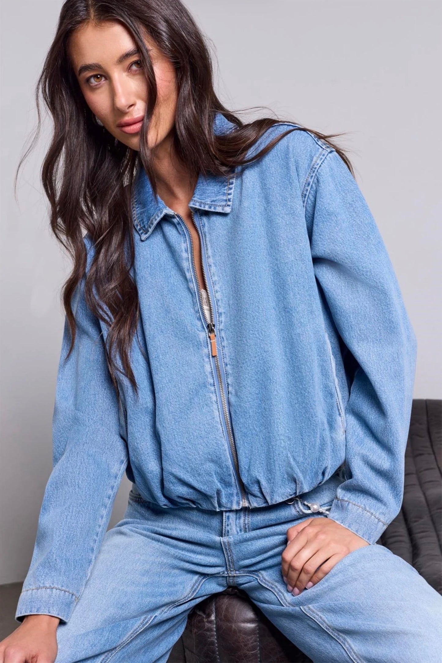 Tribal Blue Thread Bubble Hem Bomber Jacket