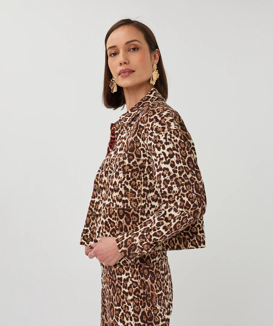 Esqualo Leopard Print Boxy Denim Jacket