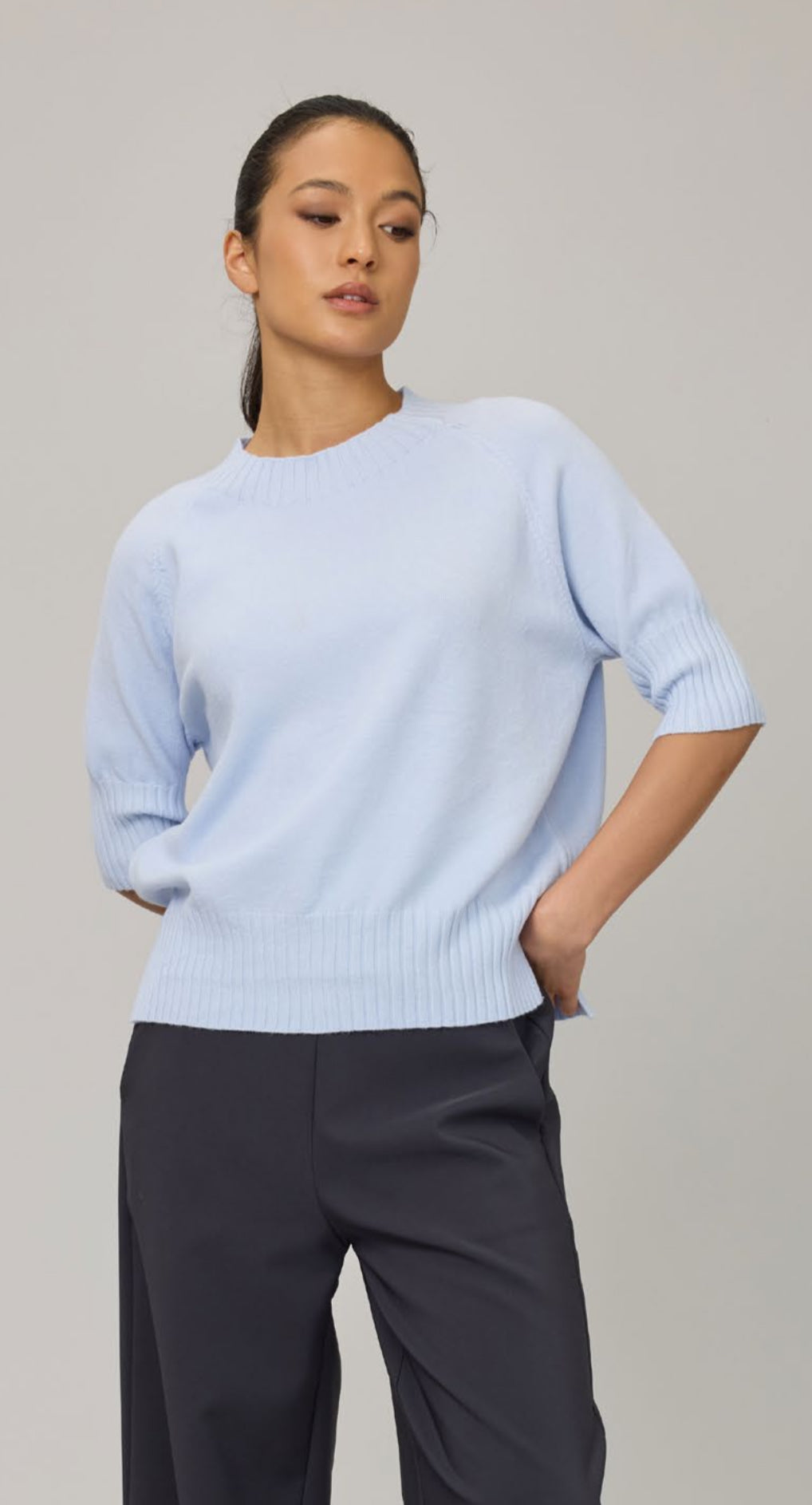 Pistache Short Sleeve Crew Knit Sweater Light Blue