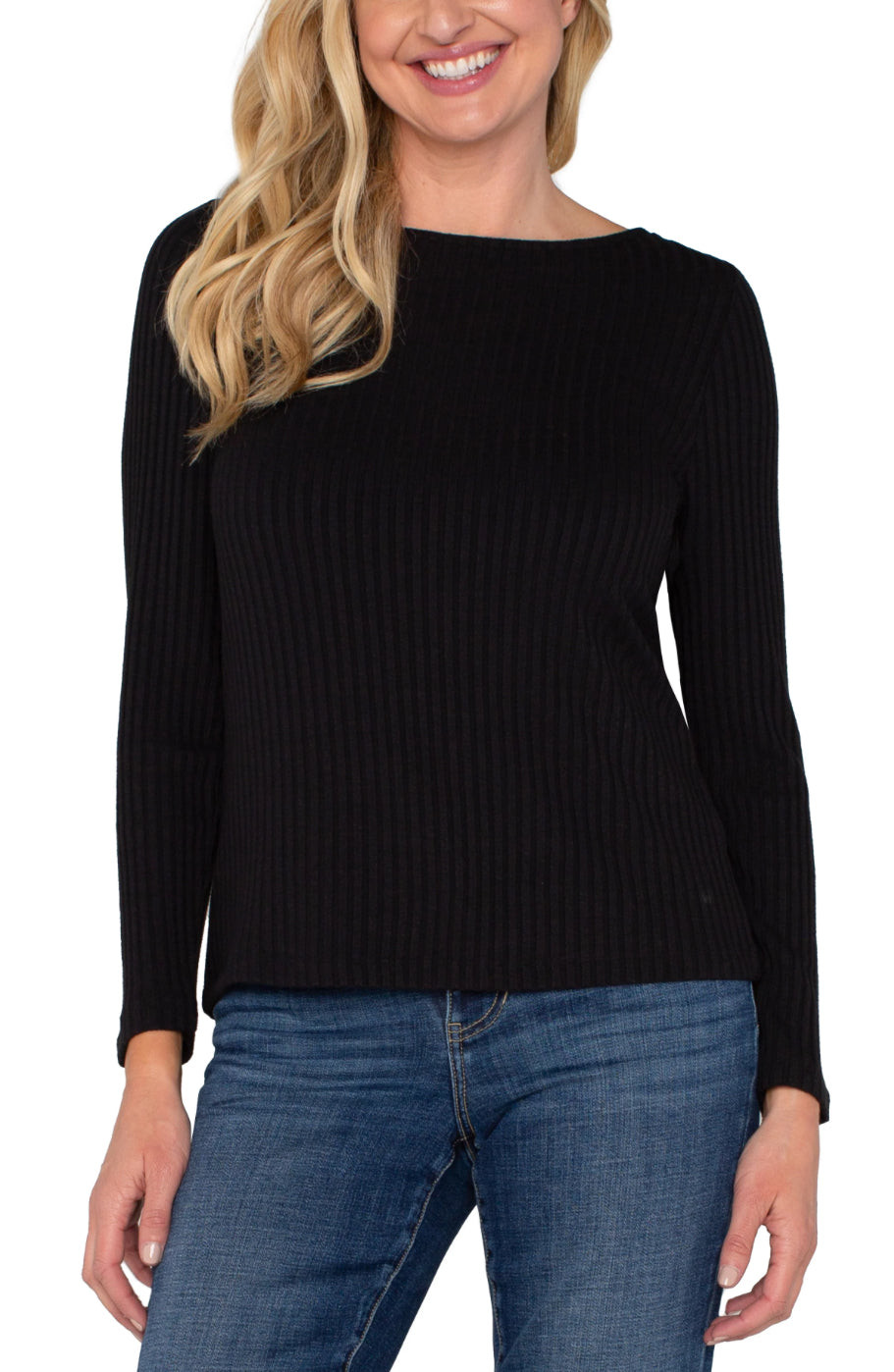 Liverpool Long Sleeve Boat Neck Knit Top Black