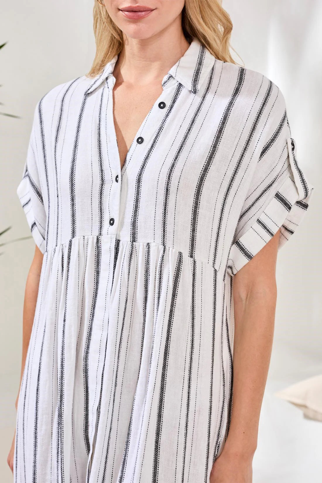 Tribal Soft Linen Button Front Midi Dress