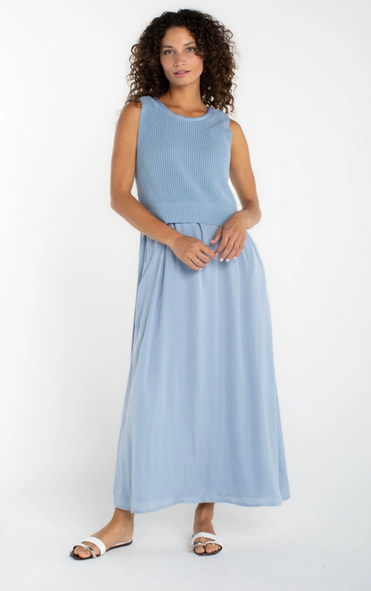 Liverpool Sleeveless Tie Back Sweater Woven Dress Malibu Blue