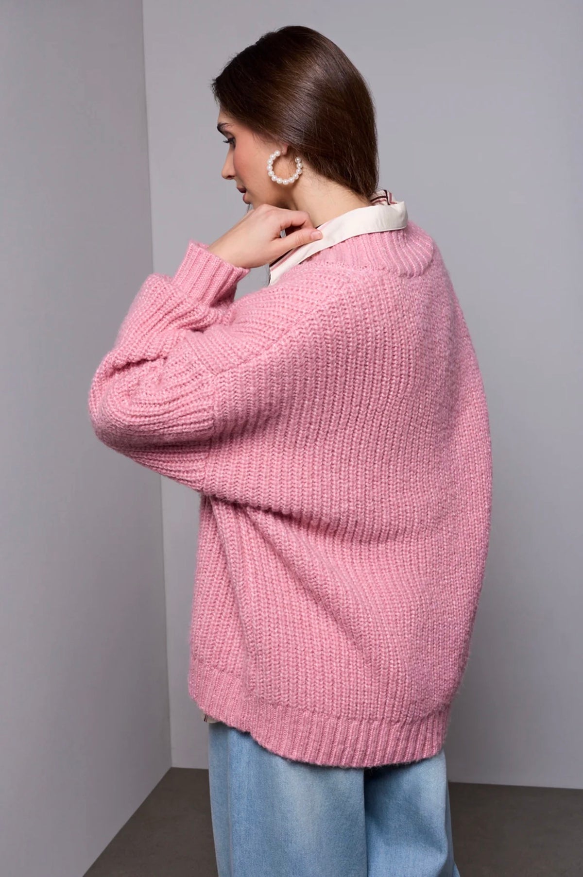 Tribal Blue Thread Chunky Ribbed V-Neck Sweater Pink Frost