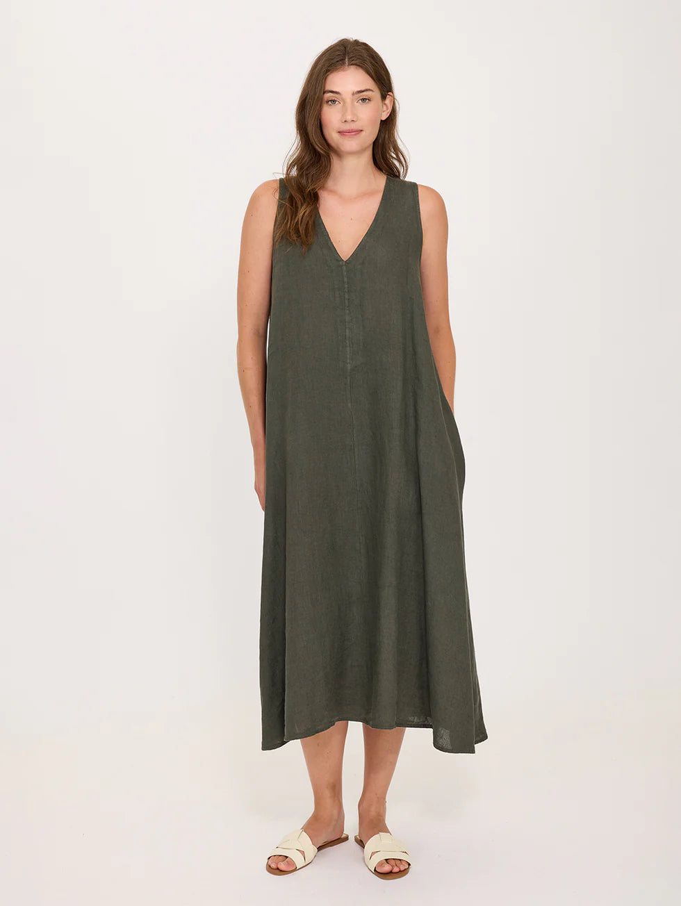 Pistache Midi V-Neck Linen Dress Military Green