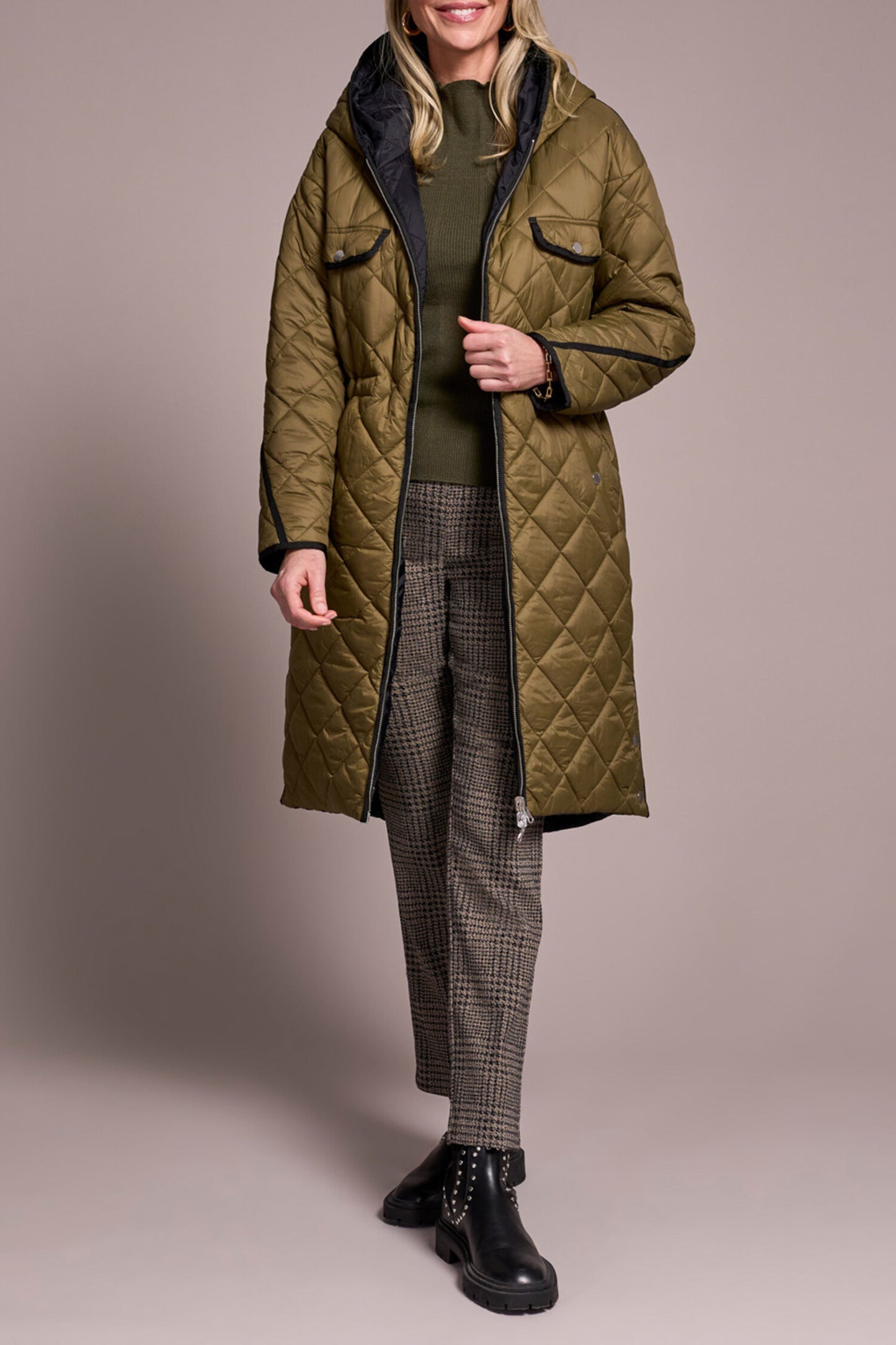 Tribal Long Sleeve Zip-Front Reversible Puffer Jacket with Hood