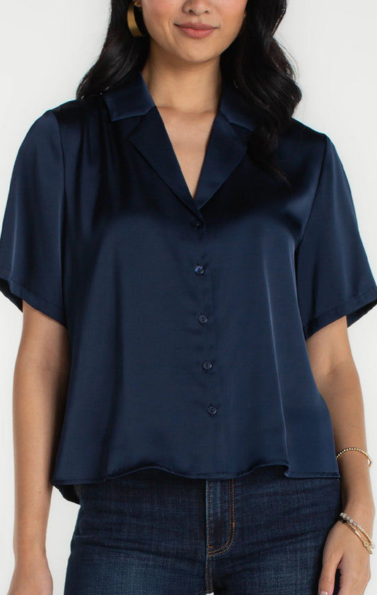 Liverpool Short Sleeve Camp Collar Blouse Navy