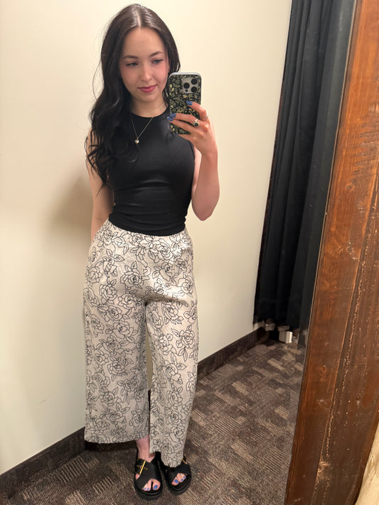 Pistache Cropped Linen Pants Rose Print