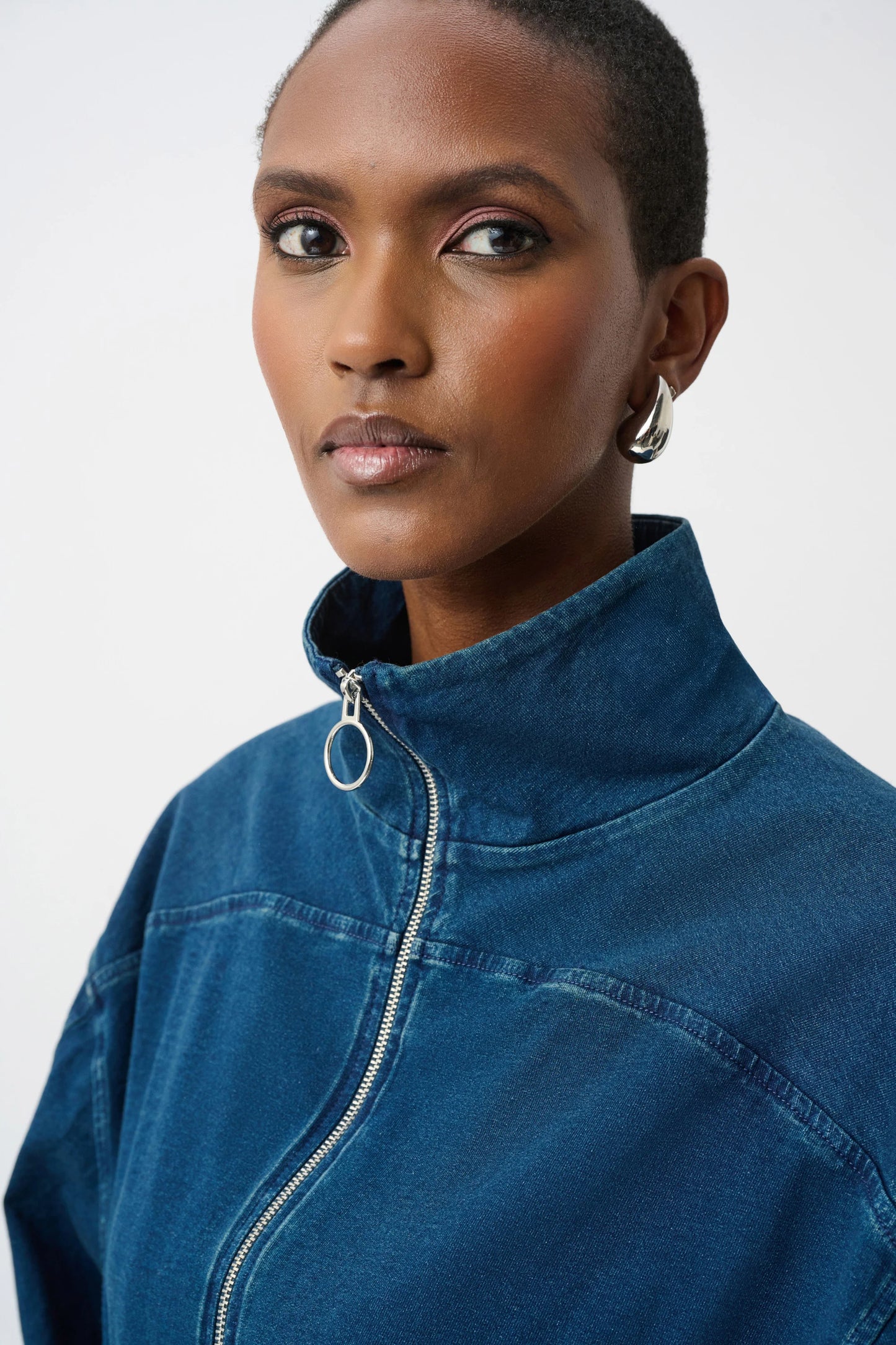 Knit Denim Funnel-Neck Bomber Jacket
263634