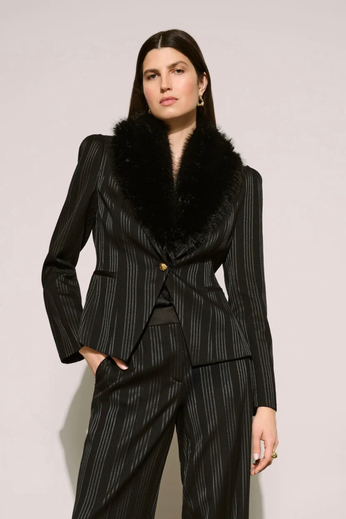 Joseph Ribkoff Edit 57 Faux Fur Collar Striped Blazer