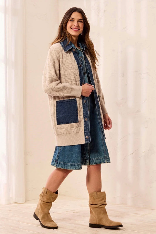 Tribal Cable Knit Denim Collar Coatigan