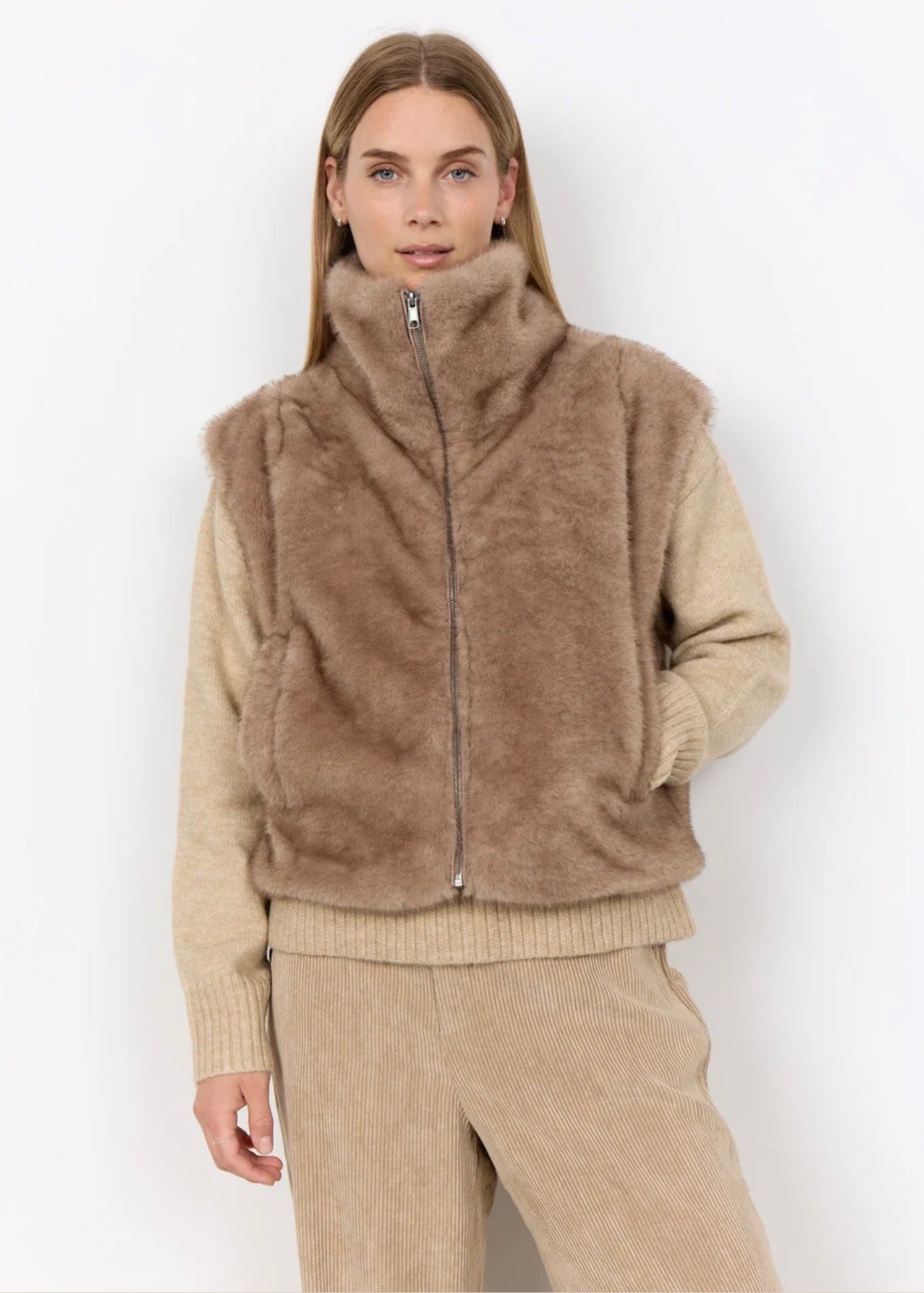 Soya Concept Haye Faux Fur Vest Camel