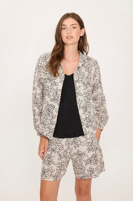 Pistache Slim Linen Blouse Rose Print