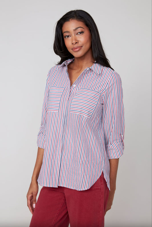 Renuar Striped Button Up Top