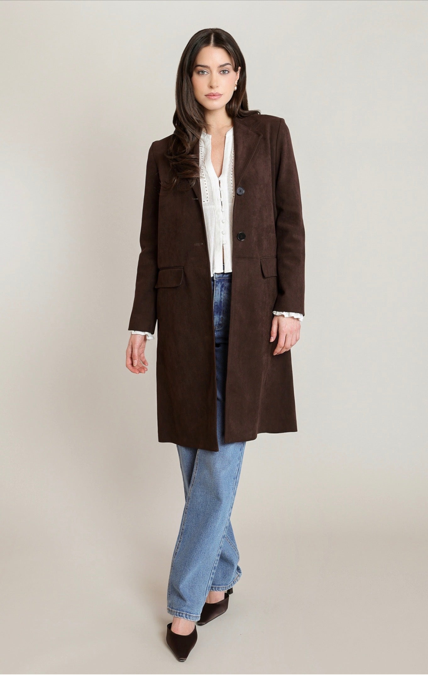 Black Tape Long Faux Suede Coat Chocolate