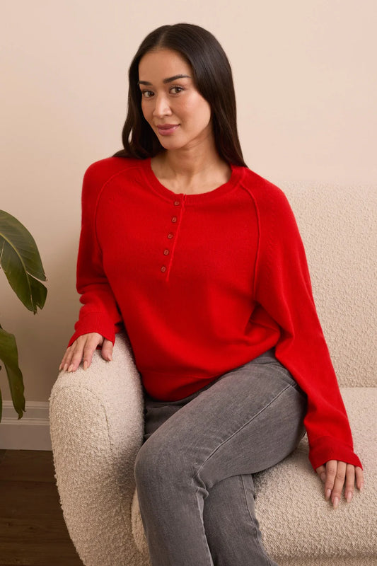SIGNATURE CASHMERE RAGLAN PUFF SLEEVE HENLEY SWEATER