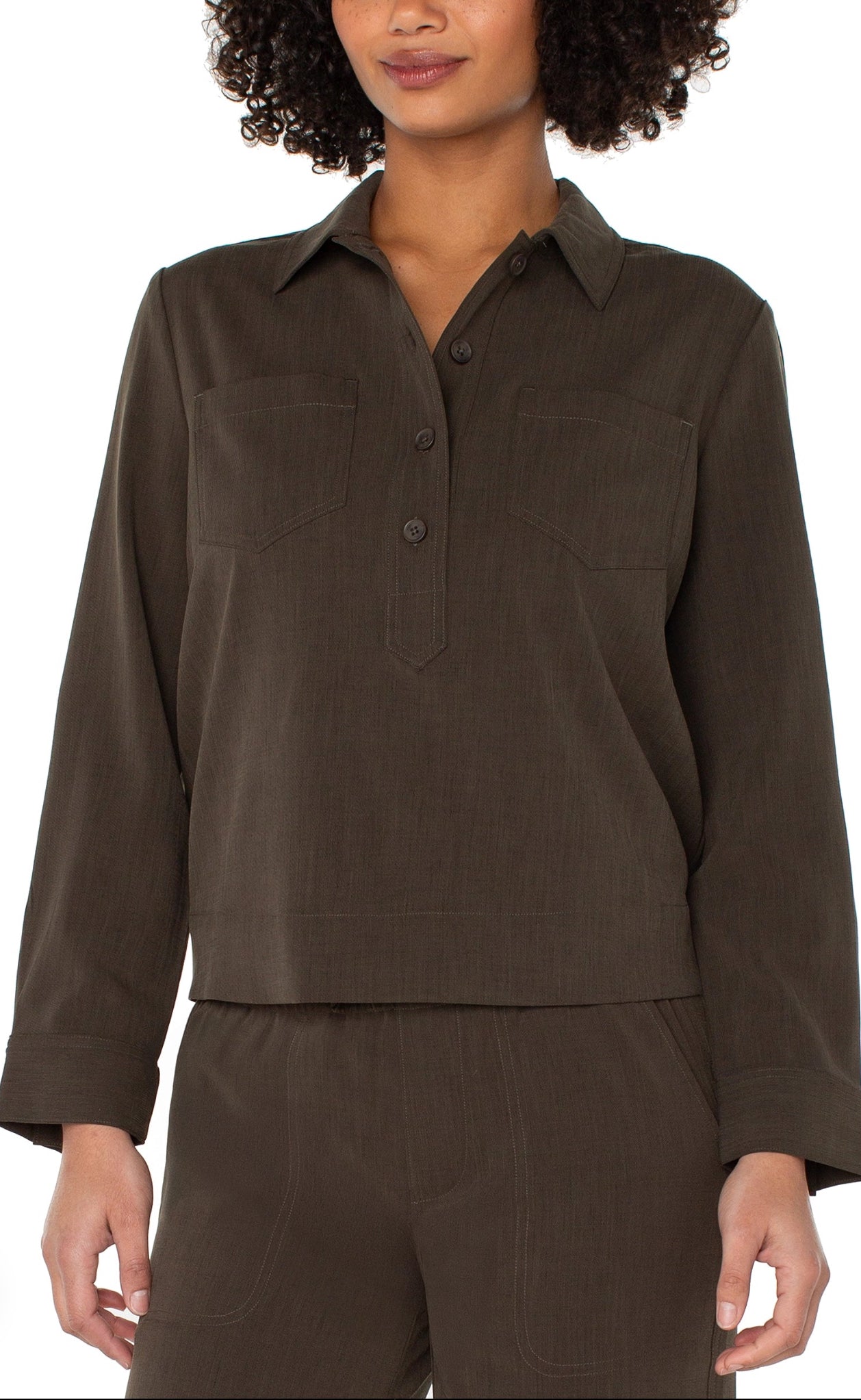 Liverpool Elastic Waist Popover Shirt Black Olive