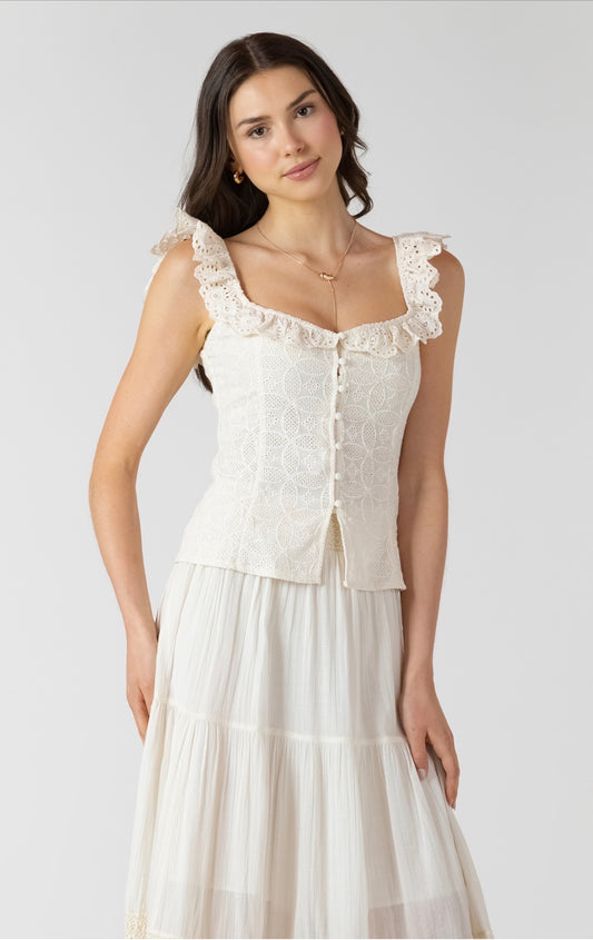 Dex Button Front Eyelet Tank Ecru