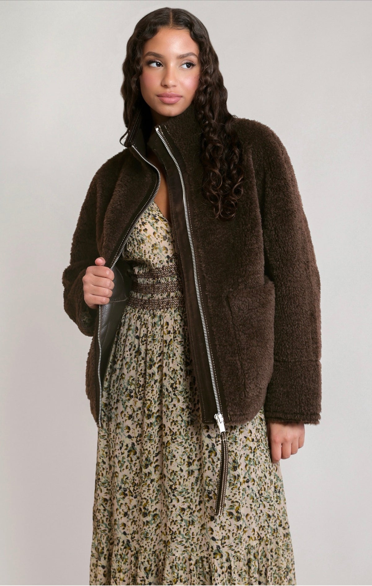 Dex Faux Shearling Jacket Dark Brown