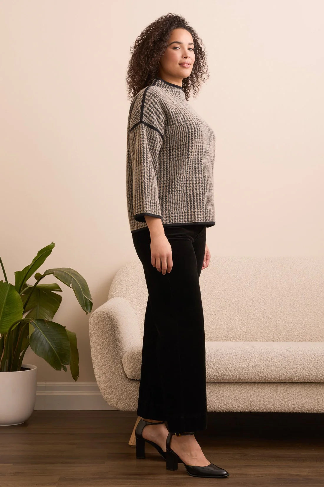 3/4 SLEEVE MOCK NECK JACQUARD PLAID TOP