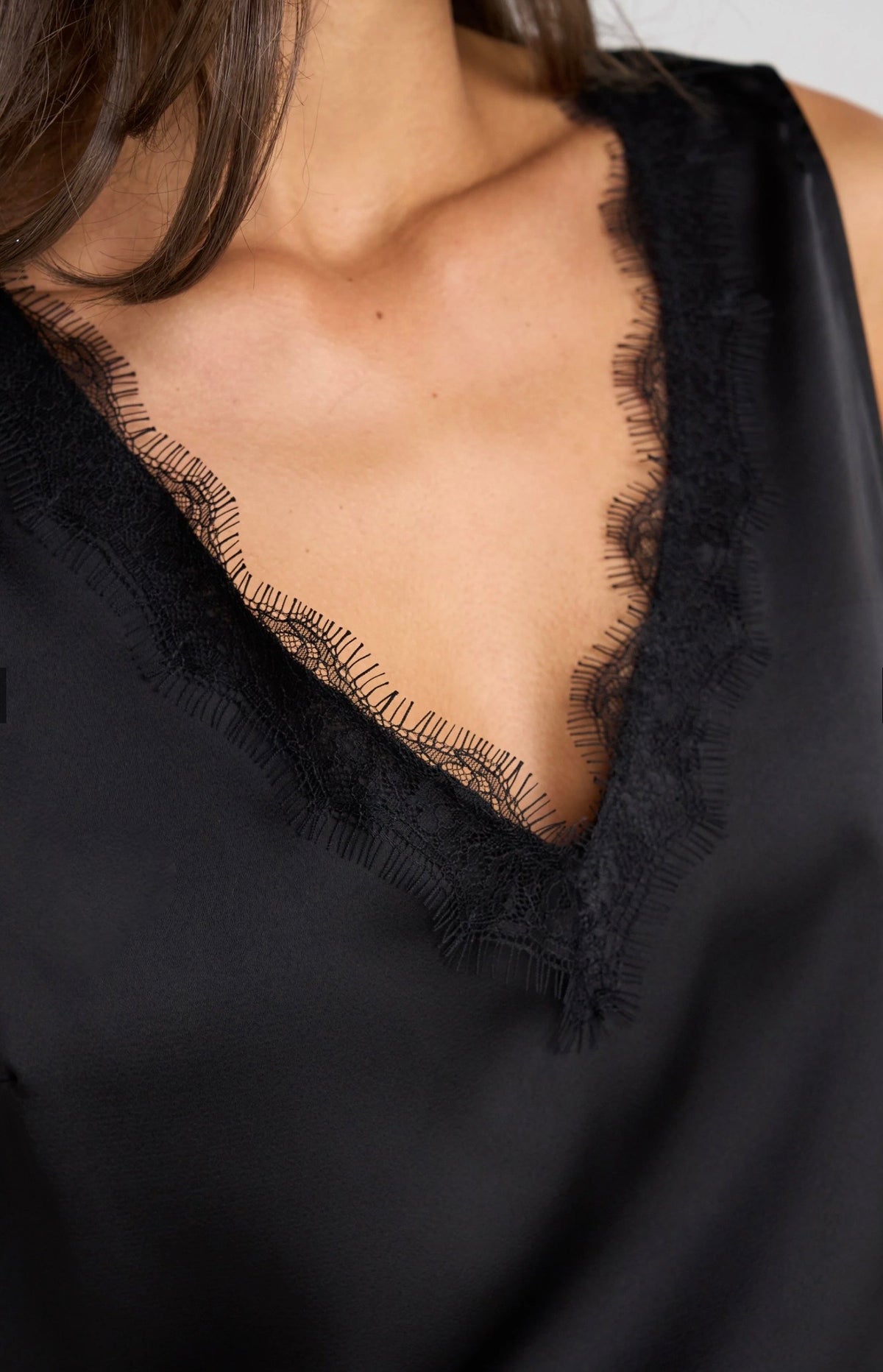 V-neck Woven Tank W/ Lace Trim