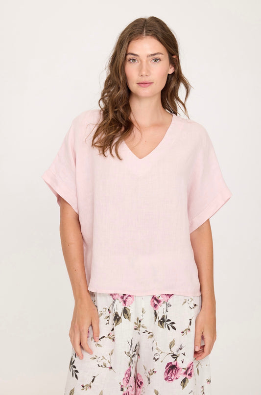Pistache Linen V-Neck Top Pink Mist