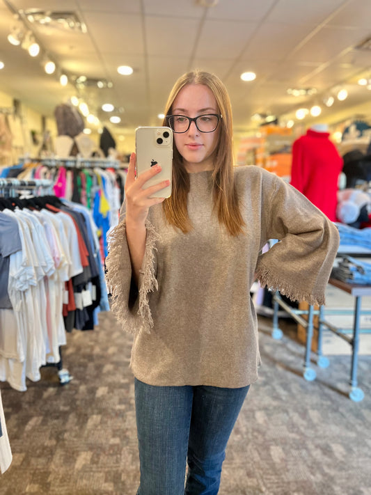 Pistache Knit Fringe Sweater Taupe