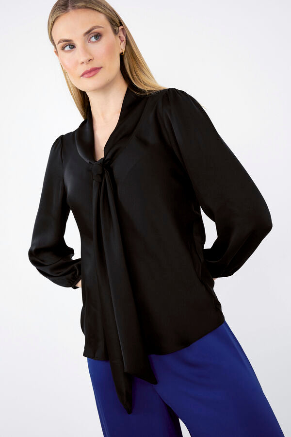 Joseph Ribkoff Satin Top with Bow Tie Neckline Black 244077