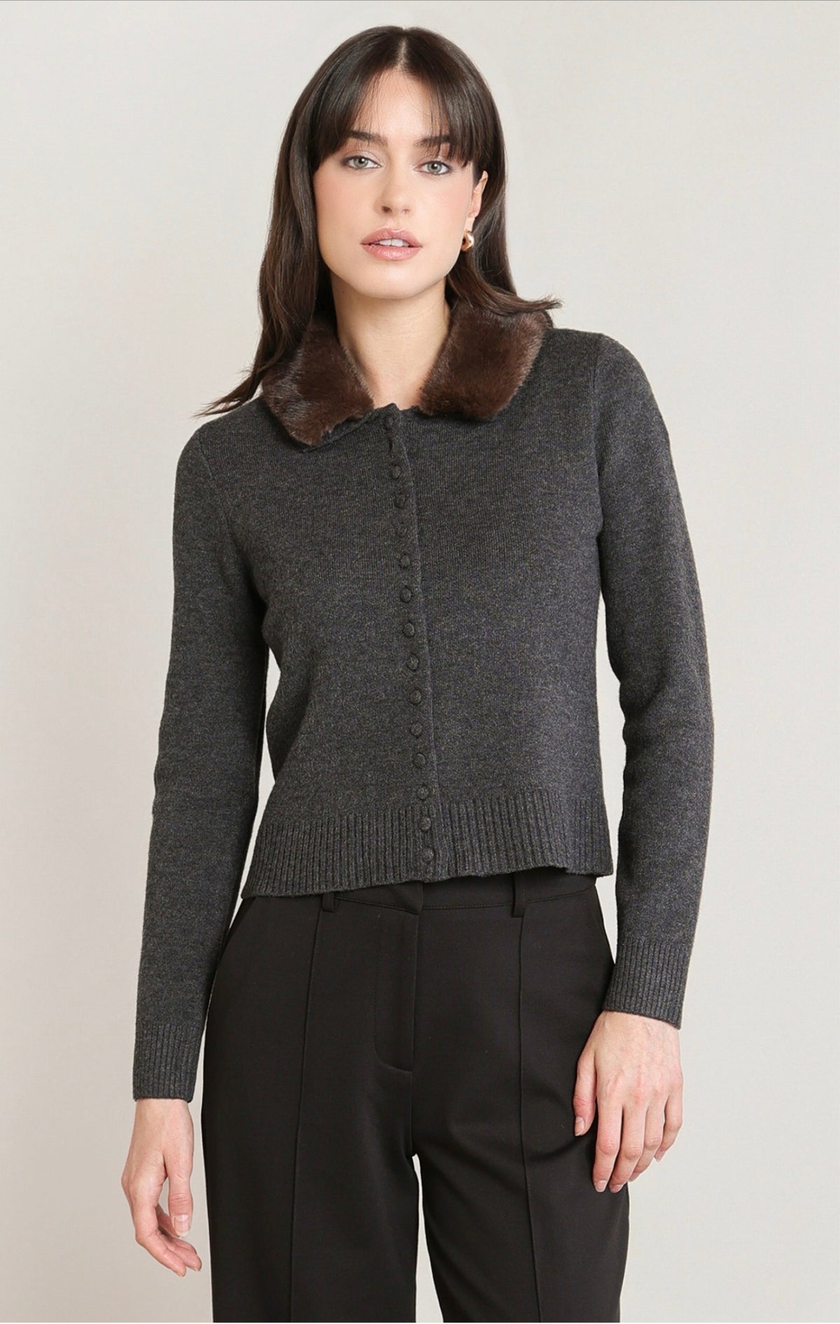 Black Tape Fur Lapel Cardigan Charcoal