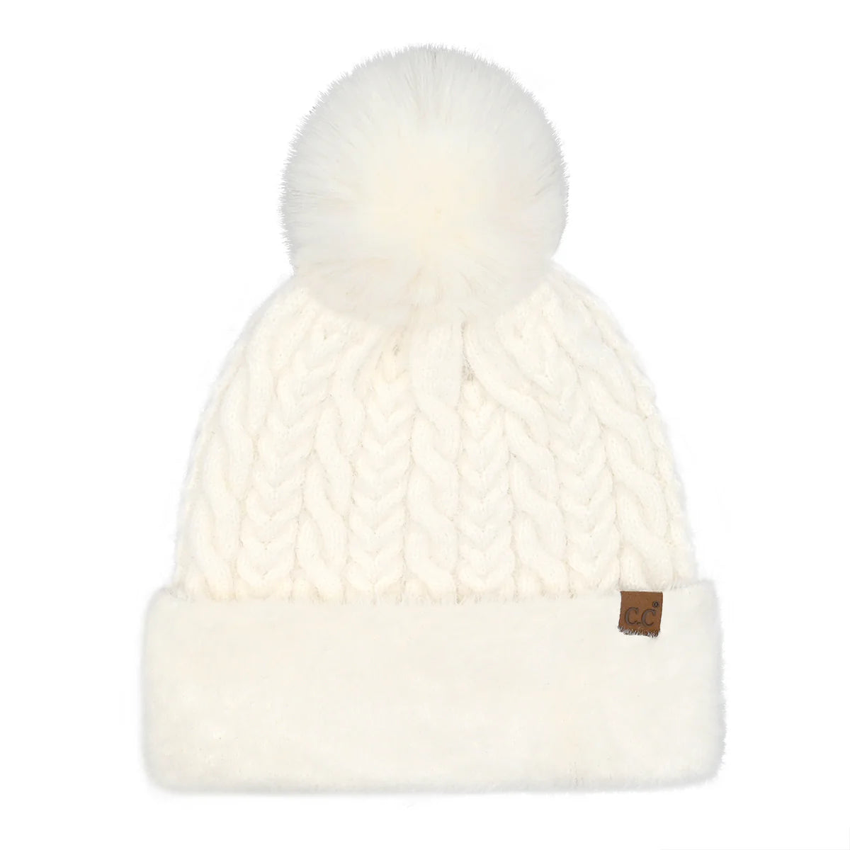 C.C Cable Knit Fuzzy Pom Beanie White