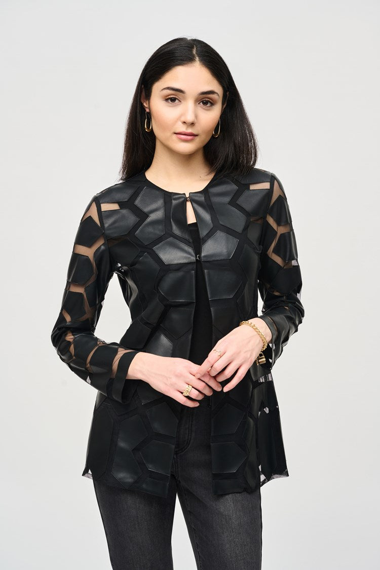 Joseph Ribkoff Laser-Cut Leatherette on Mesh Jacket Black 241905F24