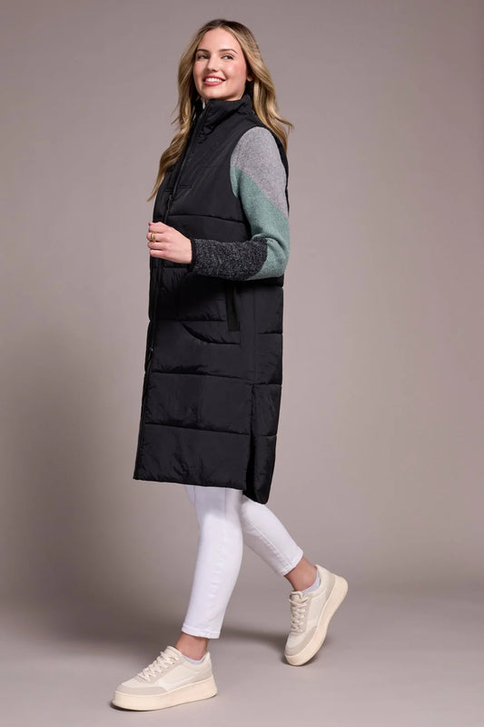 Tribal Long Zip-Front Quilted Vest Black