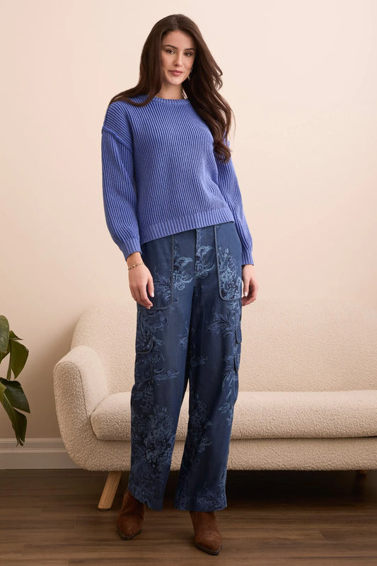 Tribal Chenille Ribbed Crew Neck Sweater Blue