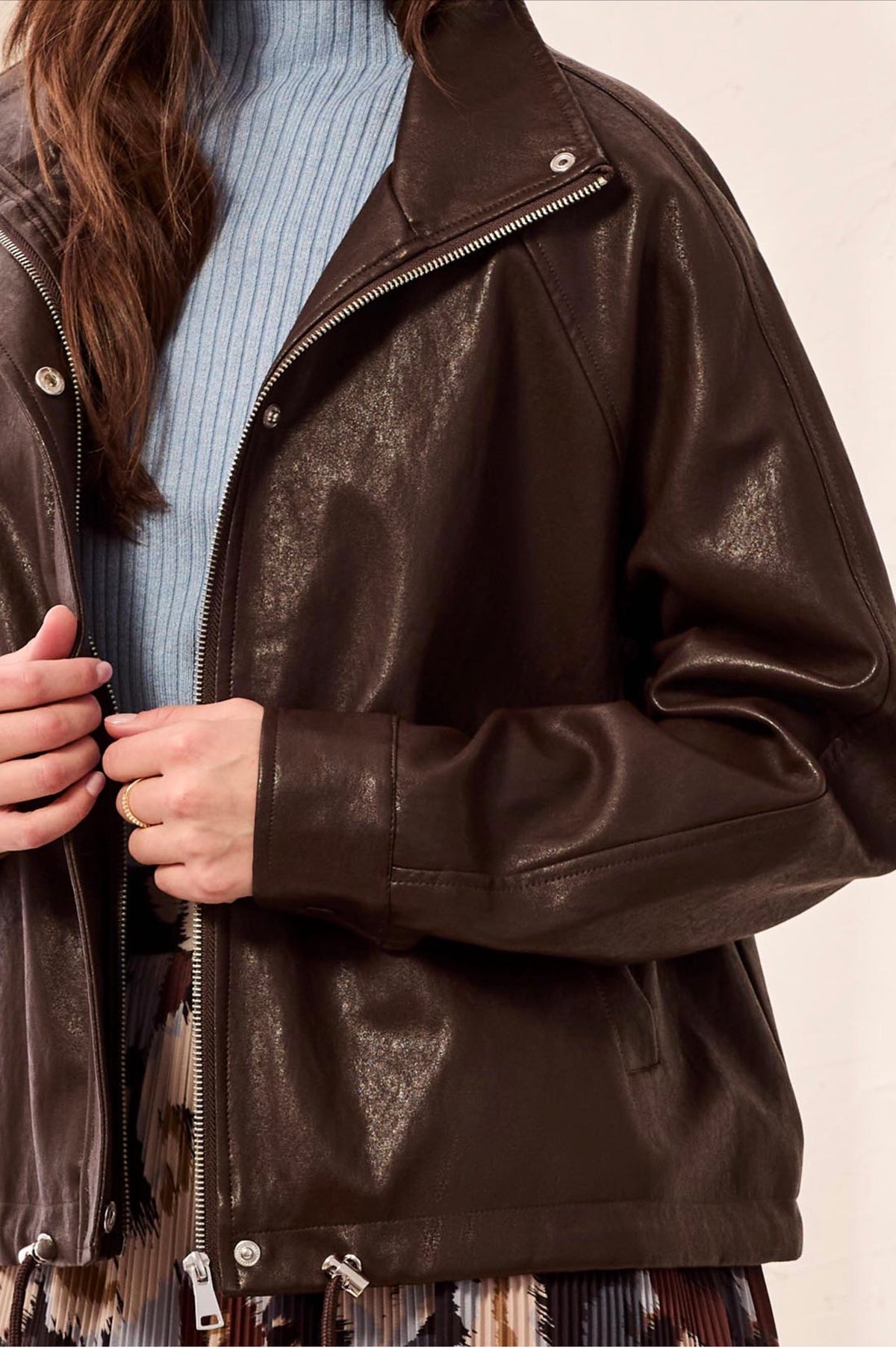 Tribal Mock Neck Faux Leather Jacket Saddle Brown