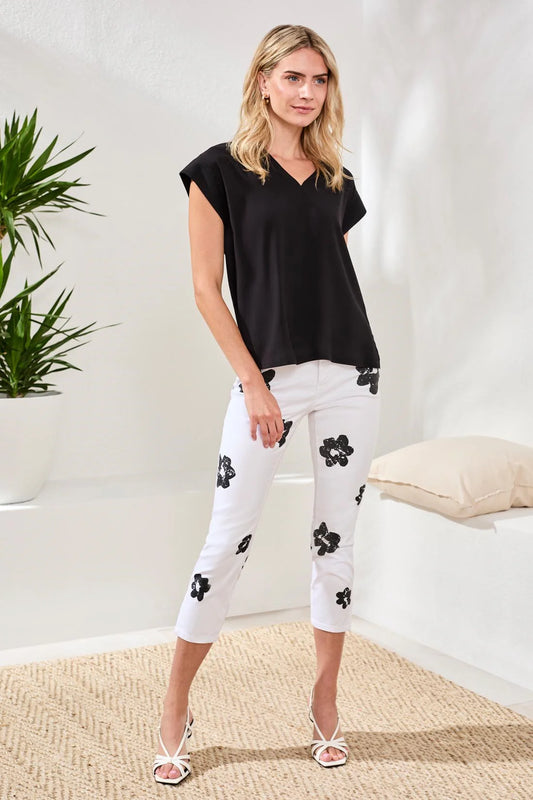 Tribal Cap Sleeve V-Neck Top Black