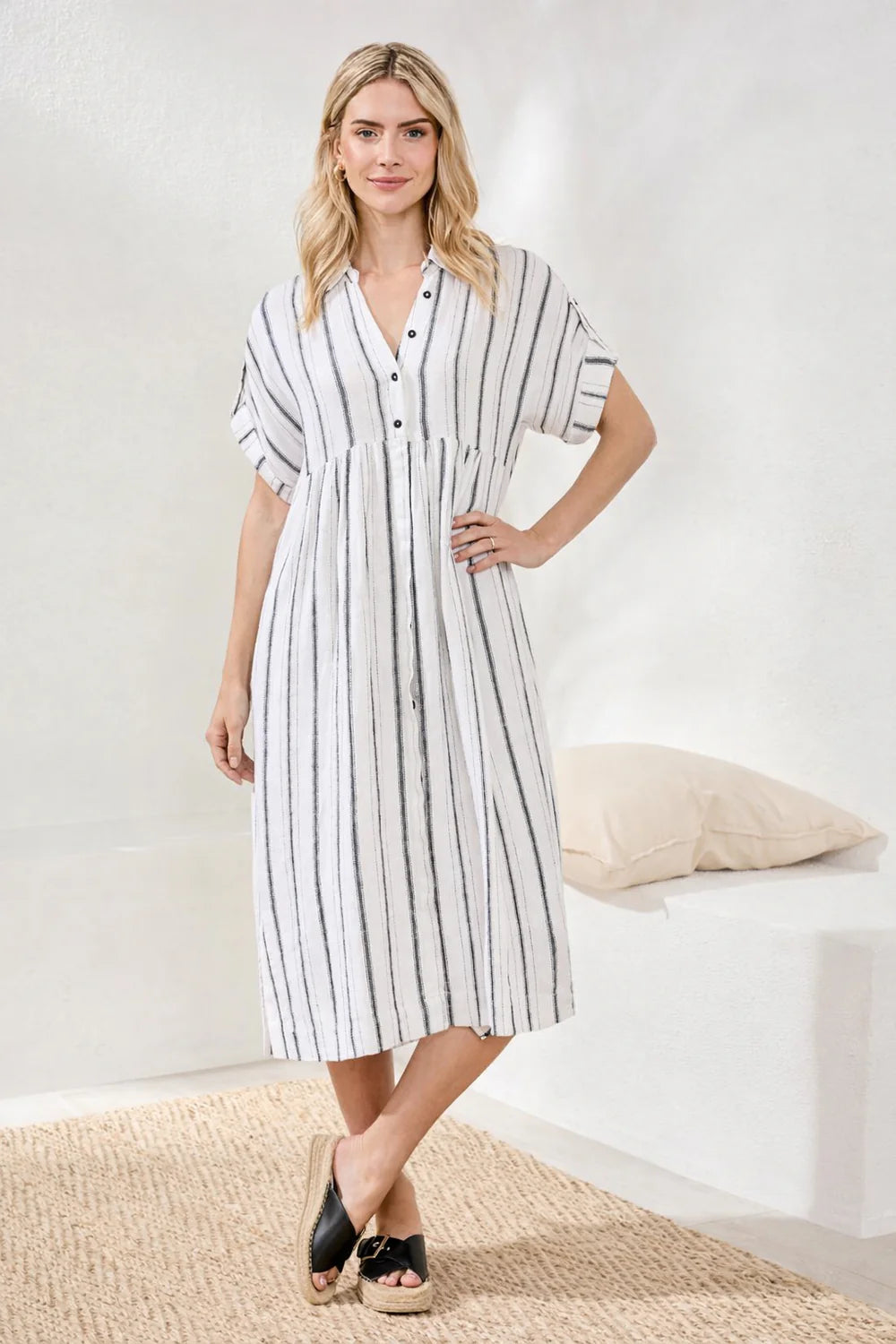 Tribal Soft Linen Button Front Midi Dress