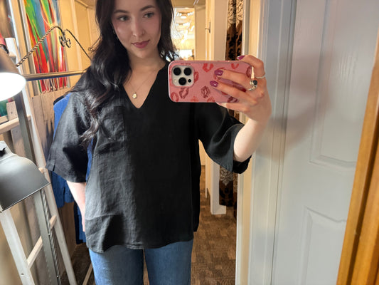 Pistache V-Neck Collared Linen Blouse Black