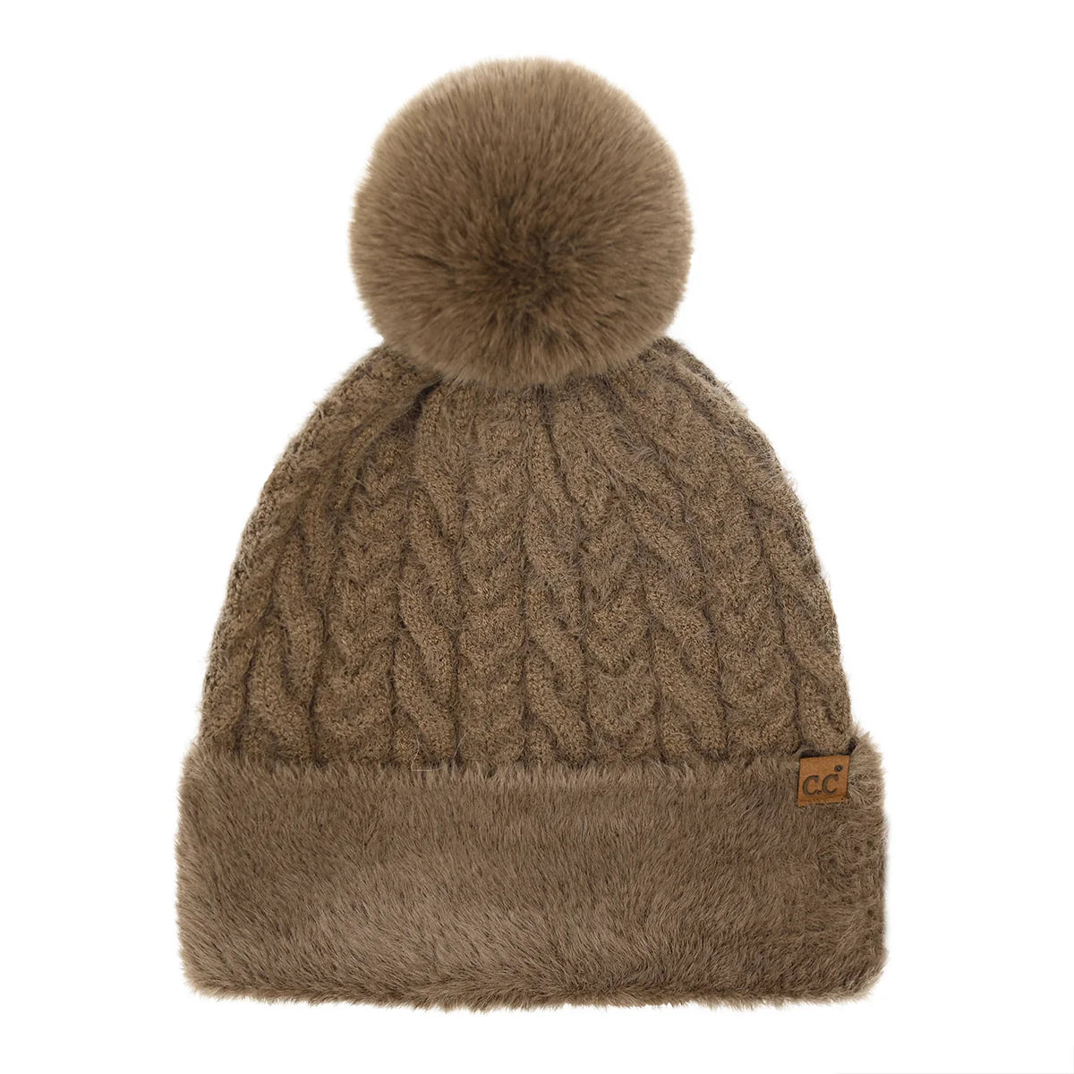 C.C Cable Knit Fuzzy Pom Beanie Mocha