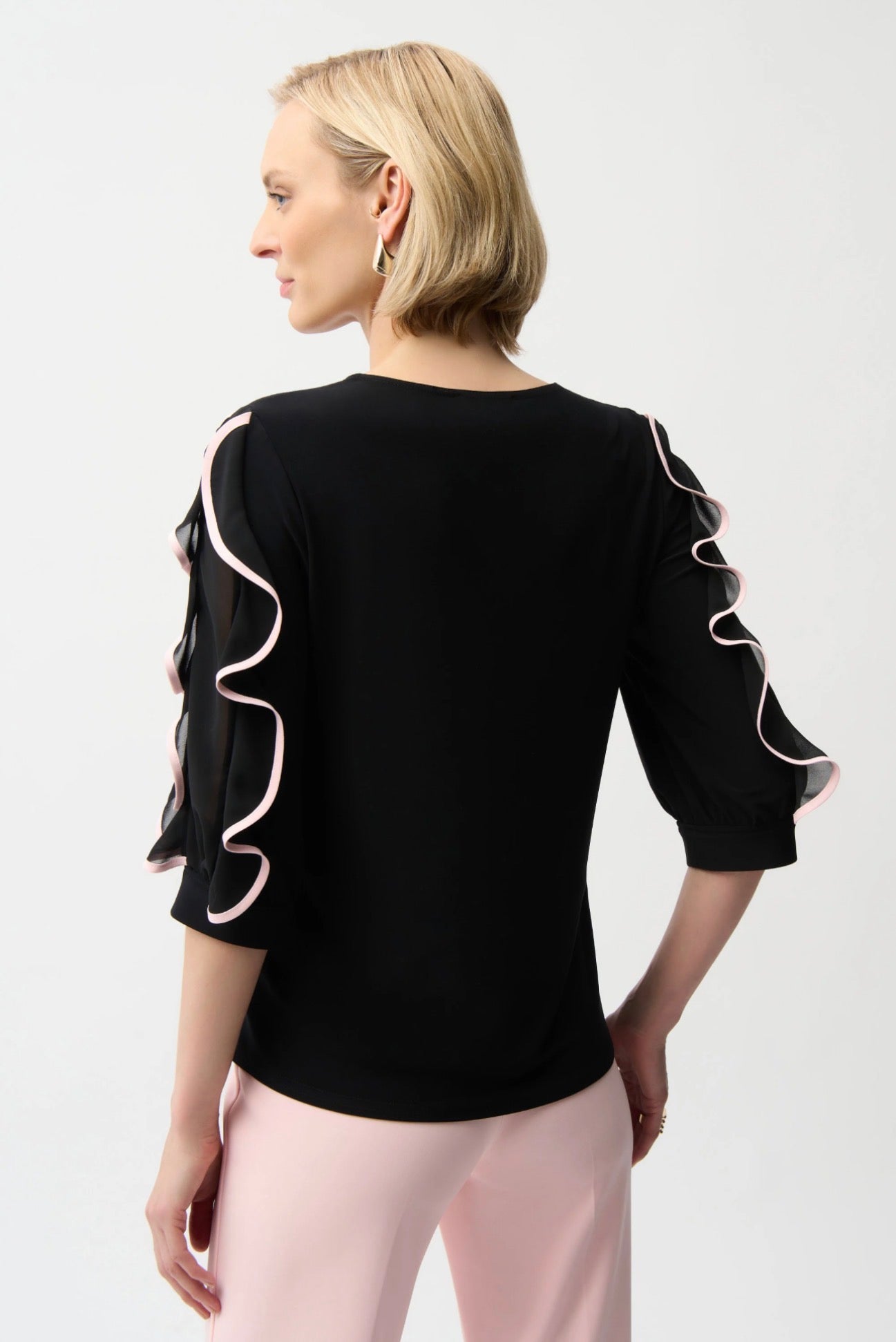 Joseph Ribkoff Silky Knit Top with Chiffon Ruffled Sleeves 261009