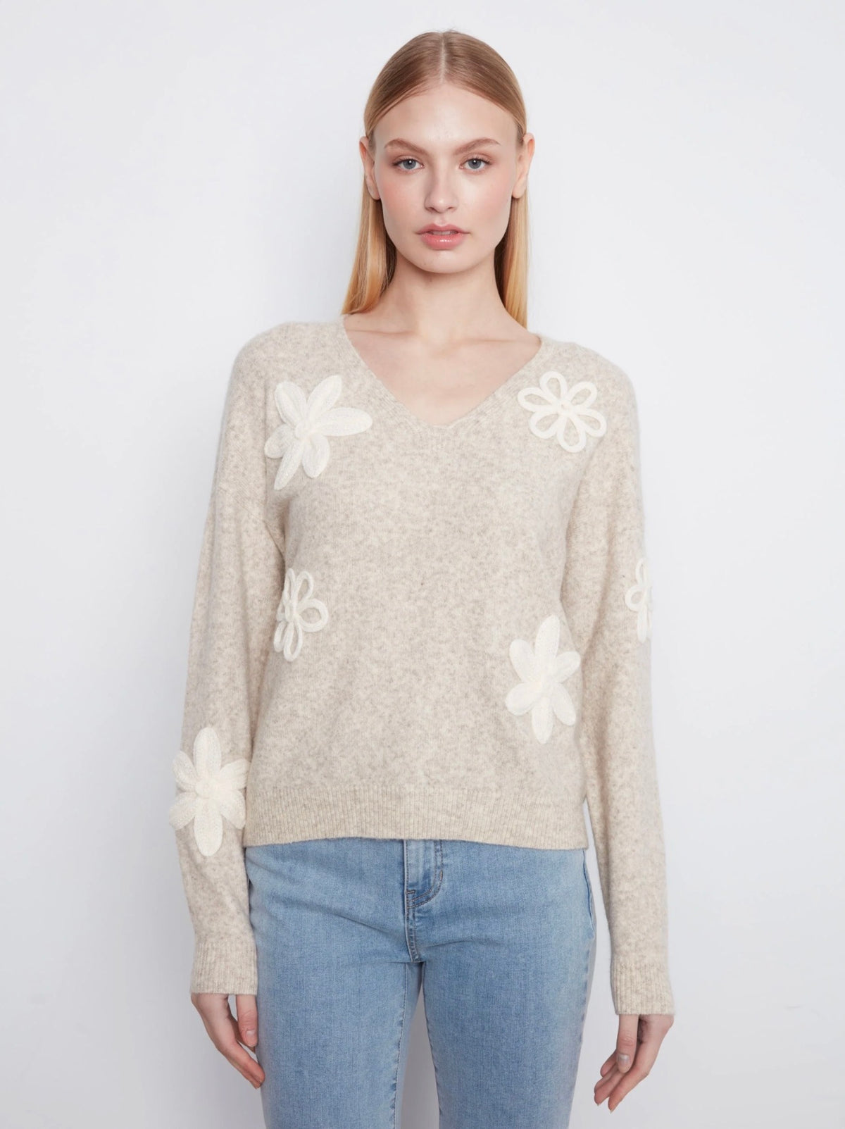 Charlie B Floral Appliqué V- Neck Sweater
