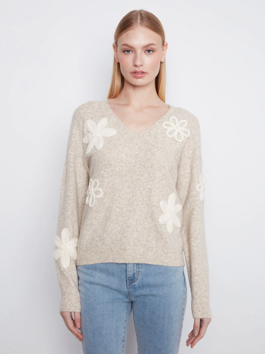 Charlie B Floral Appliqué V- Neck Sweater