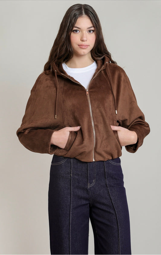 Dex Faux Suede Hooded Bomber Jacket