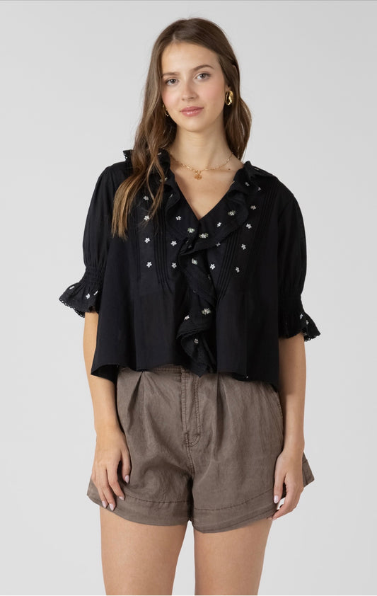 Dex Ruffle Detail Embroidered Blouse Black