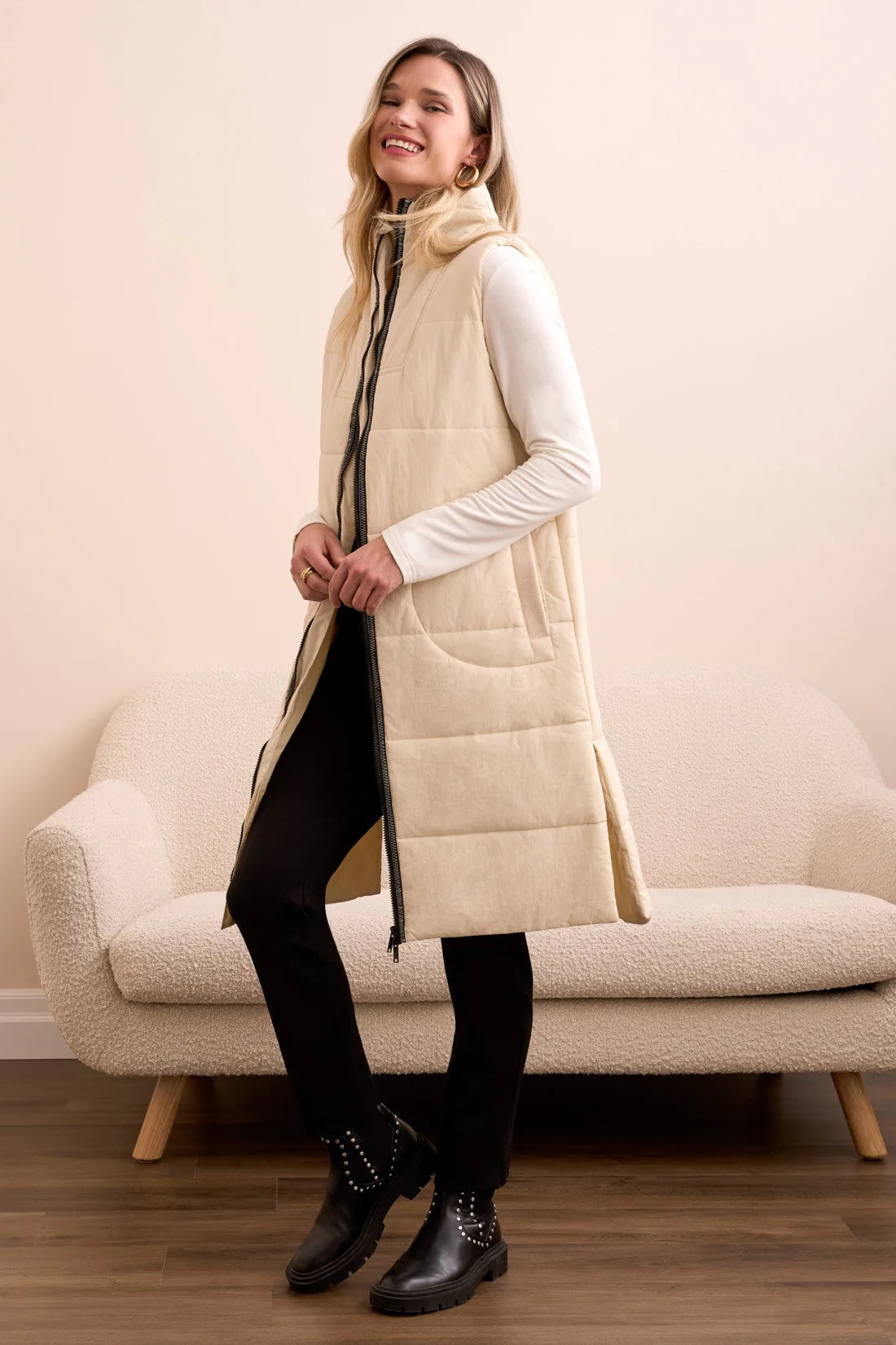 Tribal Long Zip Up Quilted Vest Moonstone