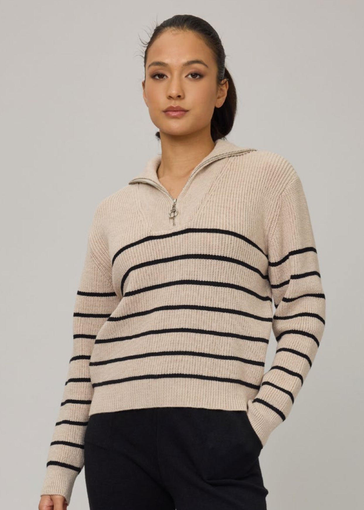 Pistache Comfort Rib Half Zip Sweater Beige