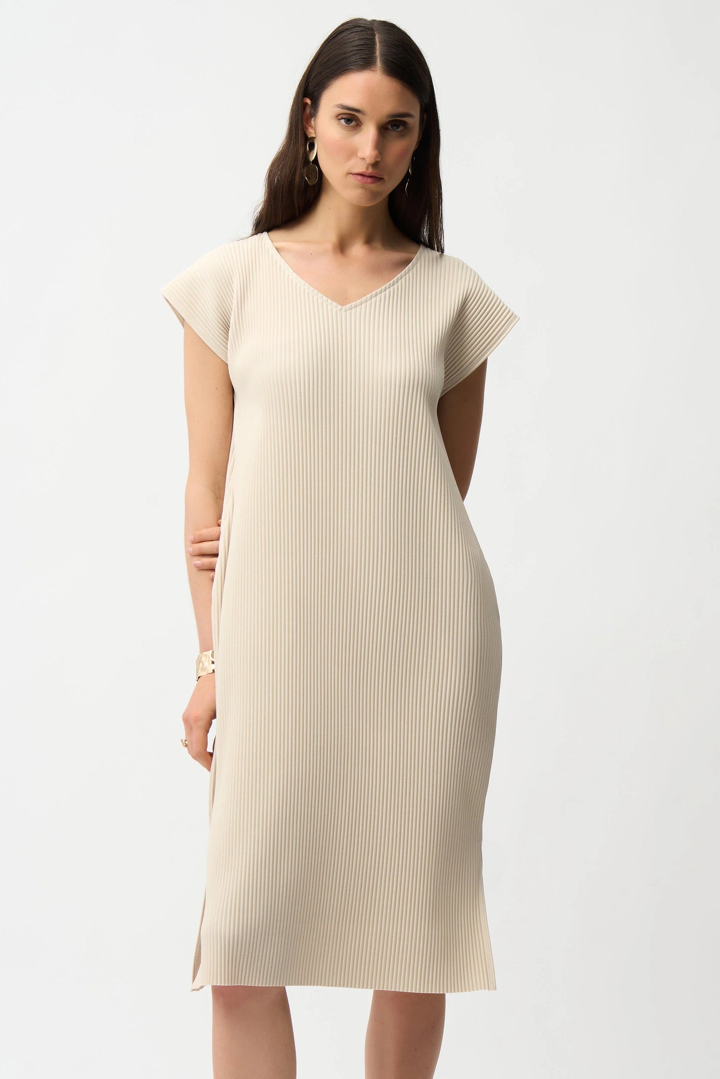 Pleated Scuba Crepe Straight Dress With Pockets Moonstone 261252