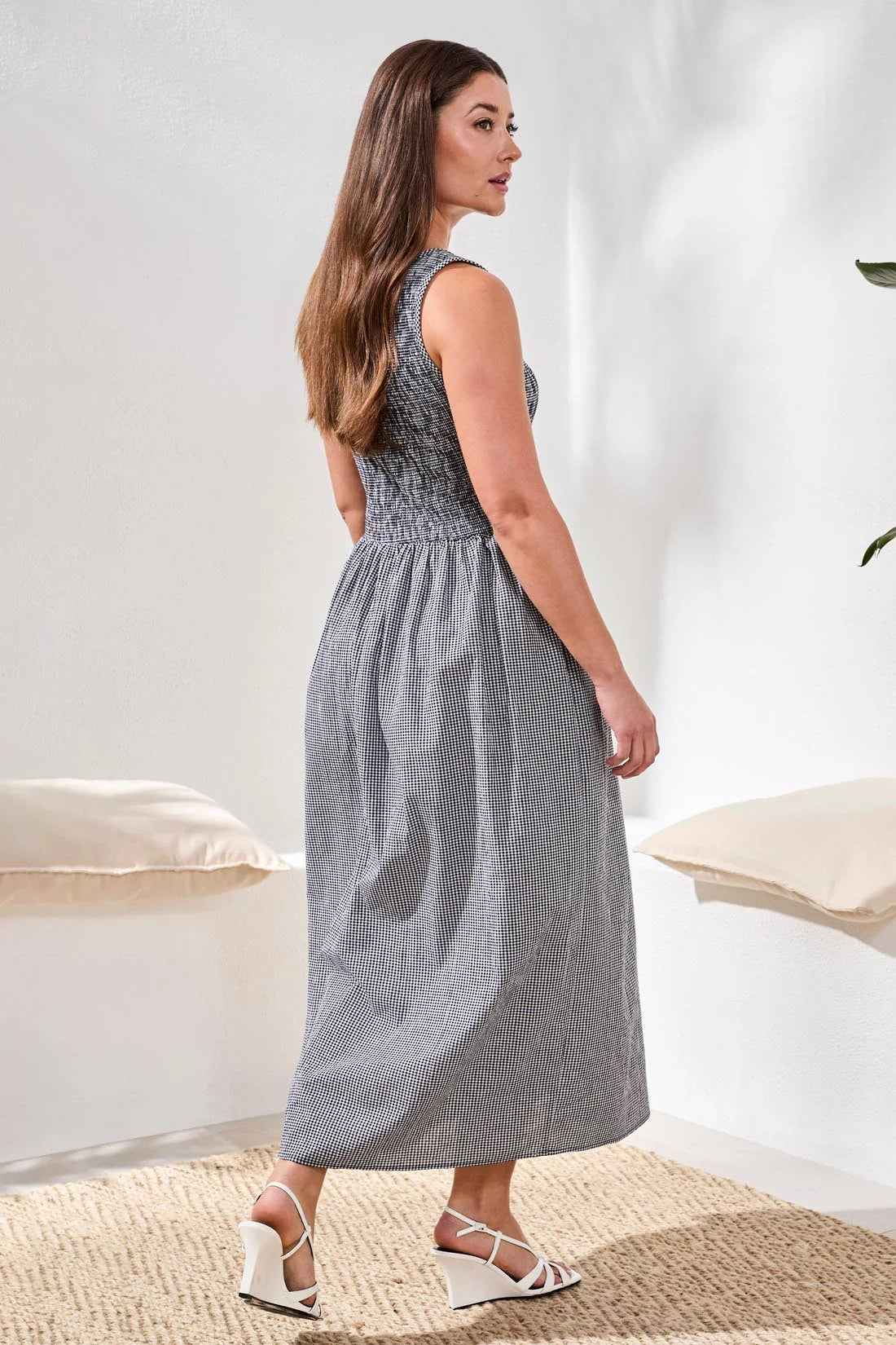 Tribal Gingham Smocked Bodice Maxi Dress