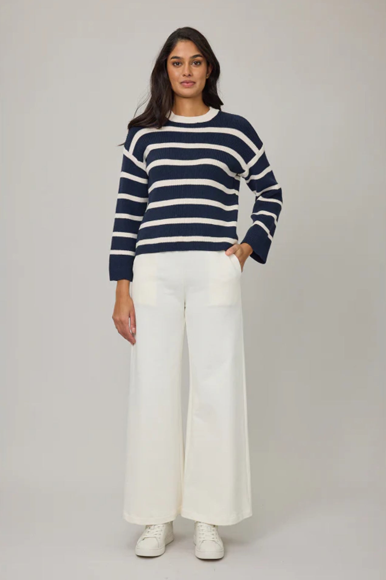 Pistache Striped Crewneck Knit Sweater Navy