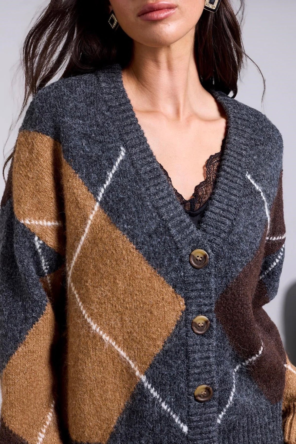 Tribal Blue Thread Diamond Pattern Knit Cardigan