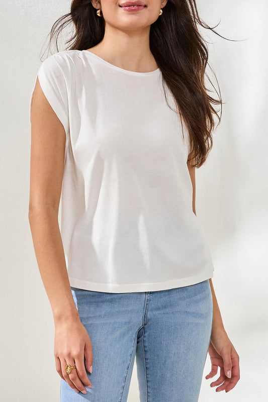 Tribal Boat Neck Cap Sleeve Top White