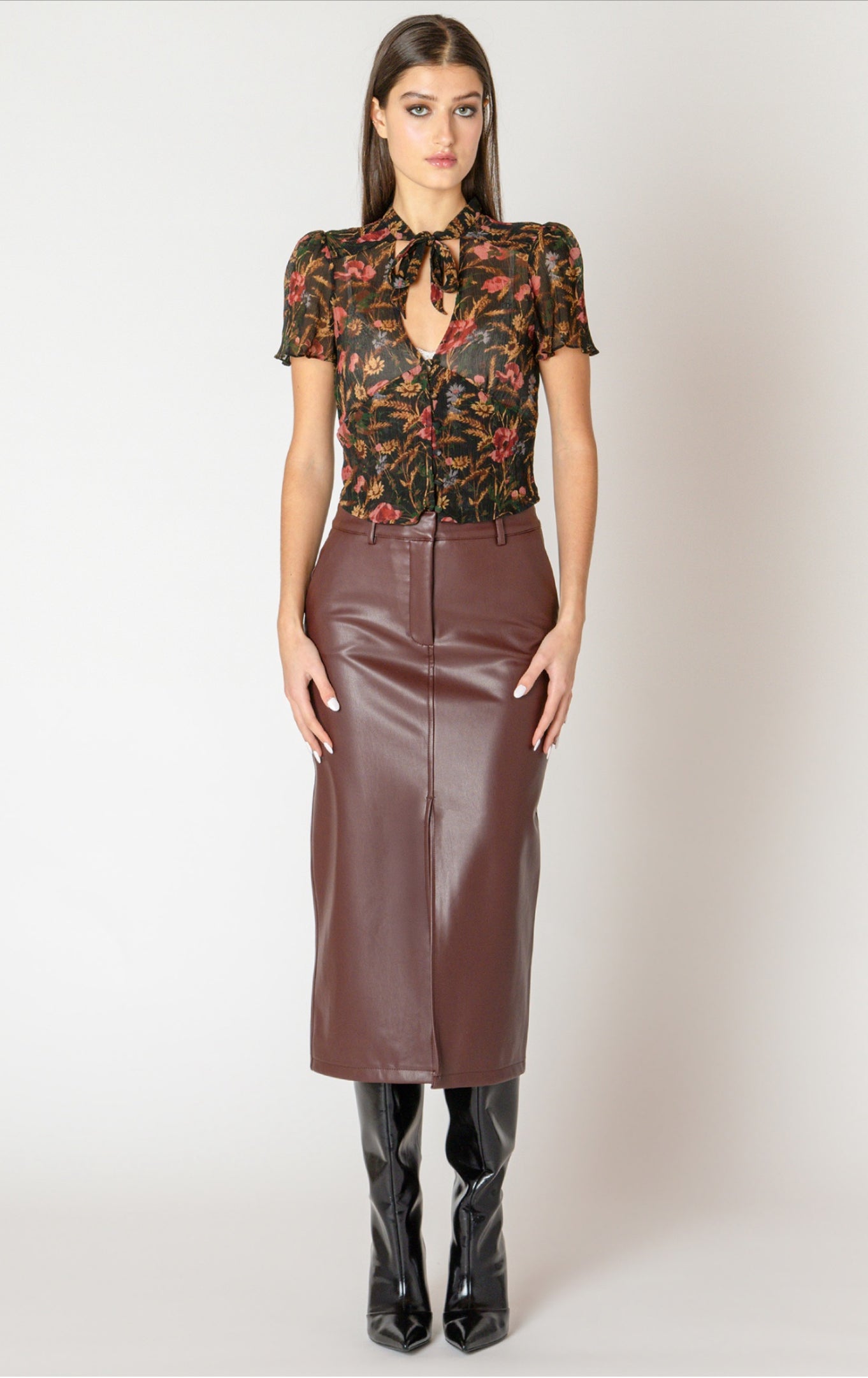 Black Tape Faux Leather Midi Skirt Bordeaux